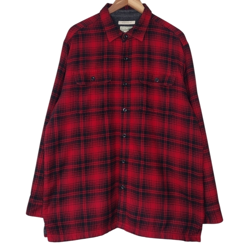 L.L. Bean Fleece Lined Traditional Fit Red Plaid Button Front Flannel Shirt Sz L